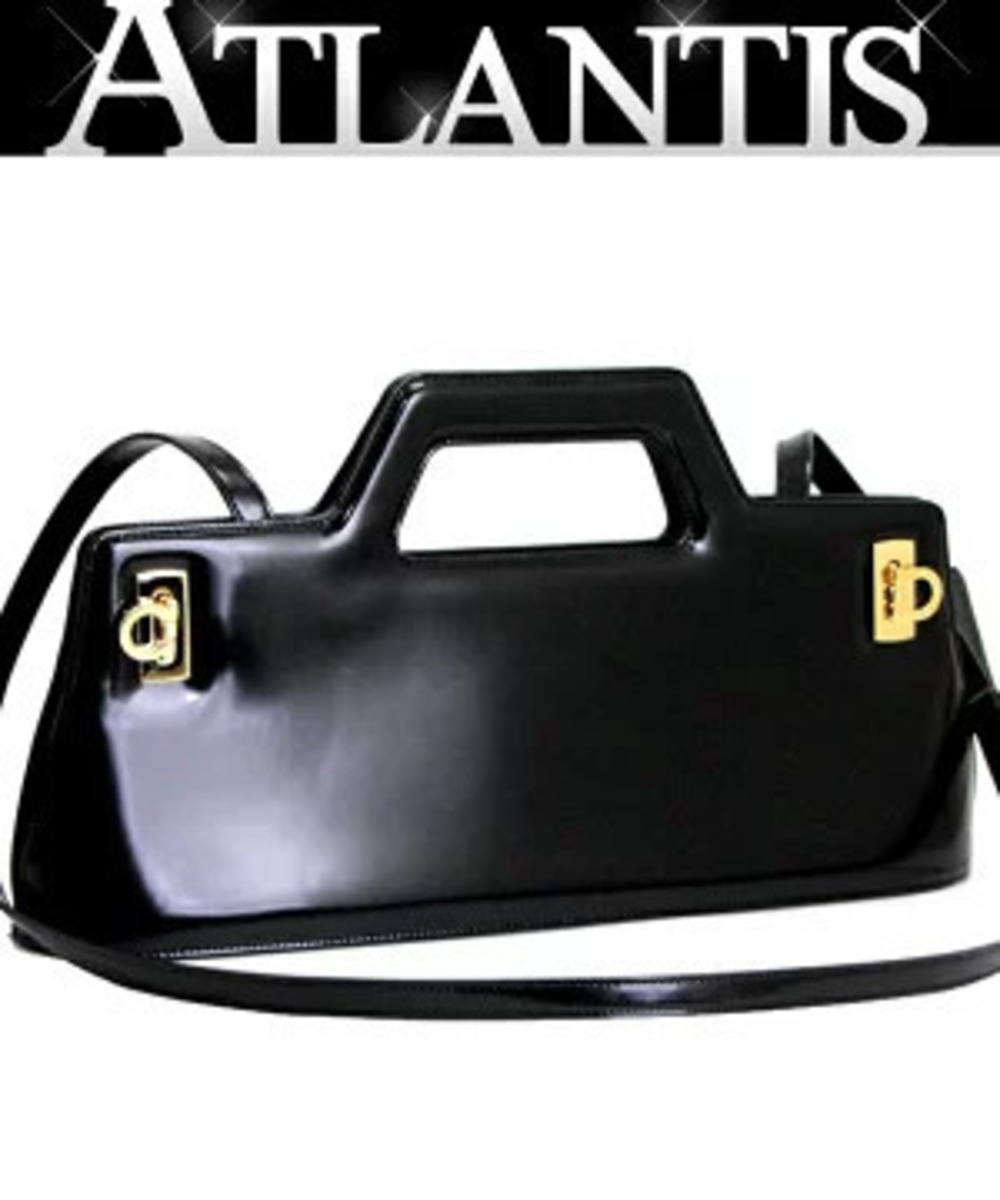 Salvatore Ferragamo Shoulder Bag Patent Vernis Leather Black